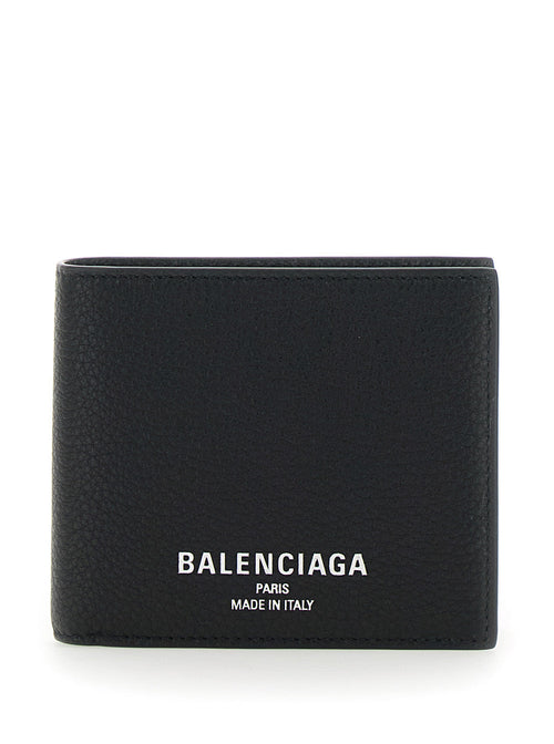 Balenciaga Men Black Bi-Fold Wallet With Logo Lettering On The Front In Grained Leather Man