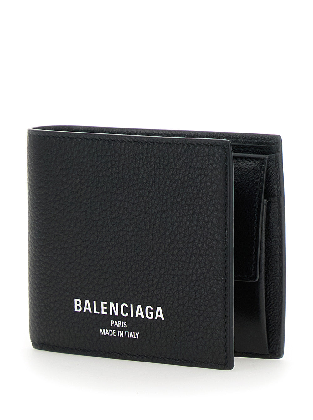 Balenciaga Men Black Bi-Fold Wallet With Logo Lettering On The Front In Grained Leather Man