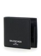 Balenciaga Men Black Bi-Fold Wallet With Logo Lettering On The Front In Grained Leather Man