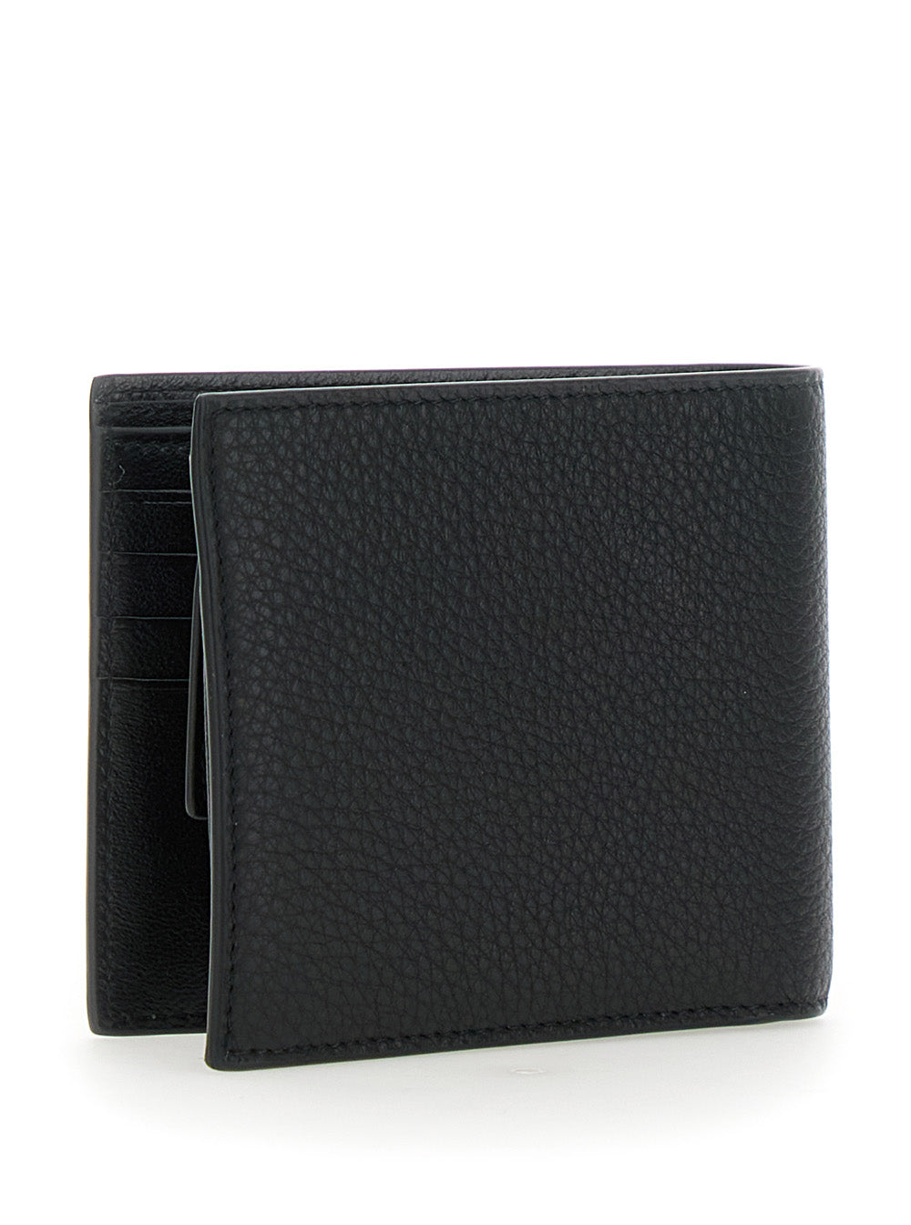 Balenciaga Men Black Bi-Fold Wallet With Logo Lettering On The Front In Grained Leather Man