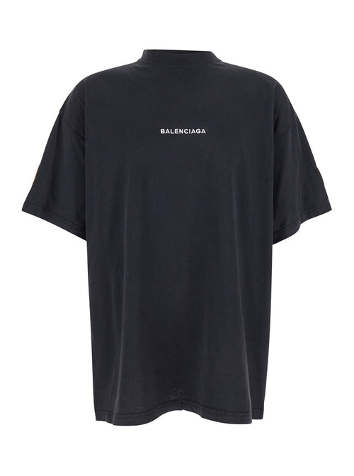 Balenciaga Men Black Crewneck T-Shirt With Logo Lettering On The Front And Logo Patch On The Sleeve In Cotton Man