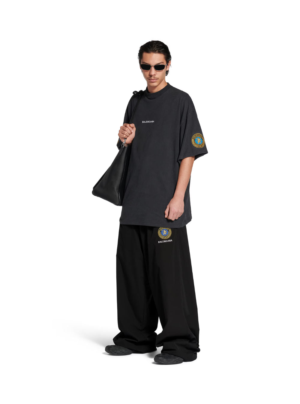 Balenciaga Men Black Crewneck T-Shirt With Logo Lettering On The Front And Logo Patch On The Sleeve In Cotton Man
