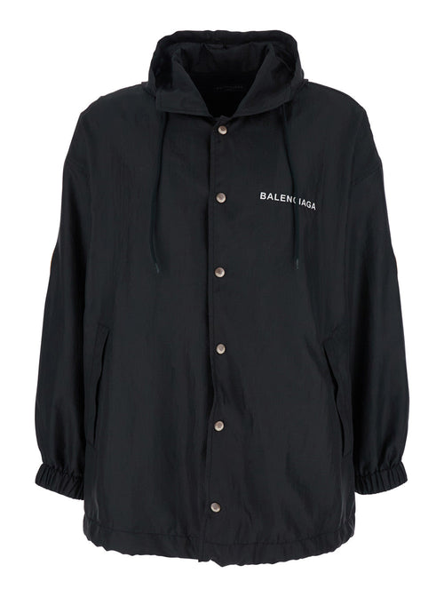 Balenciaga Men Black Jacket With Logo Lettering On The Front And Logo Patch On The Elbow In Tech Fabric Man