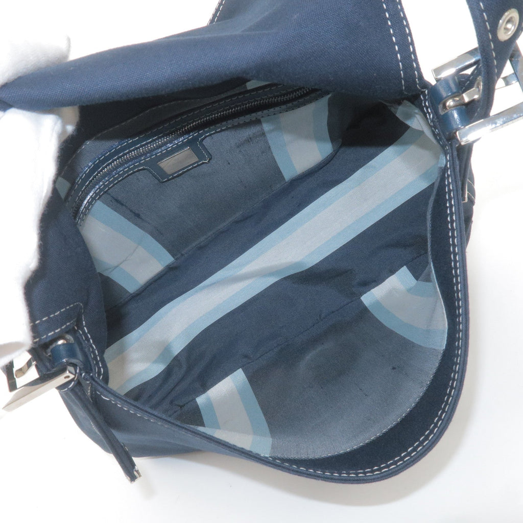 FENDI Mamma Baguette Canvas Leather Shoulder Bag Navy 26325