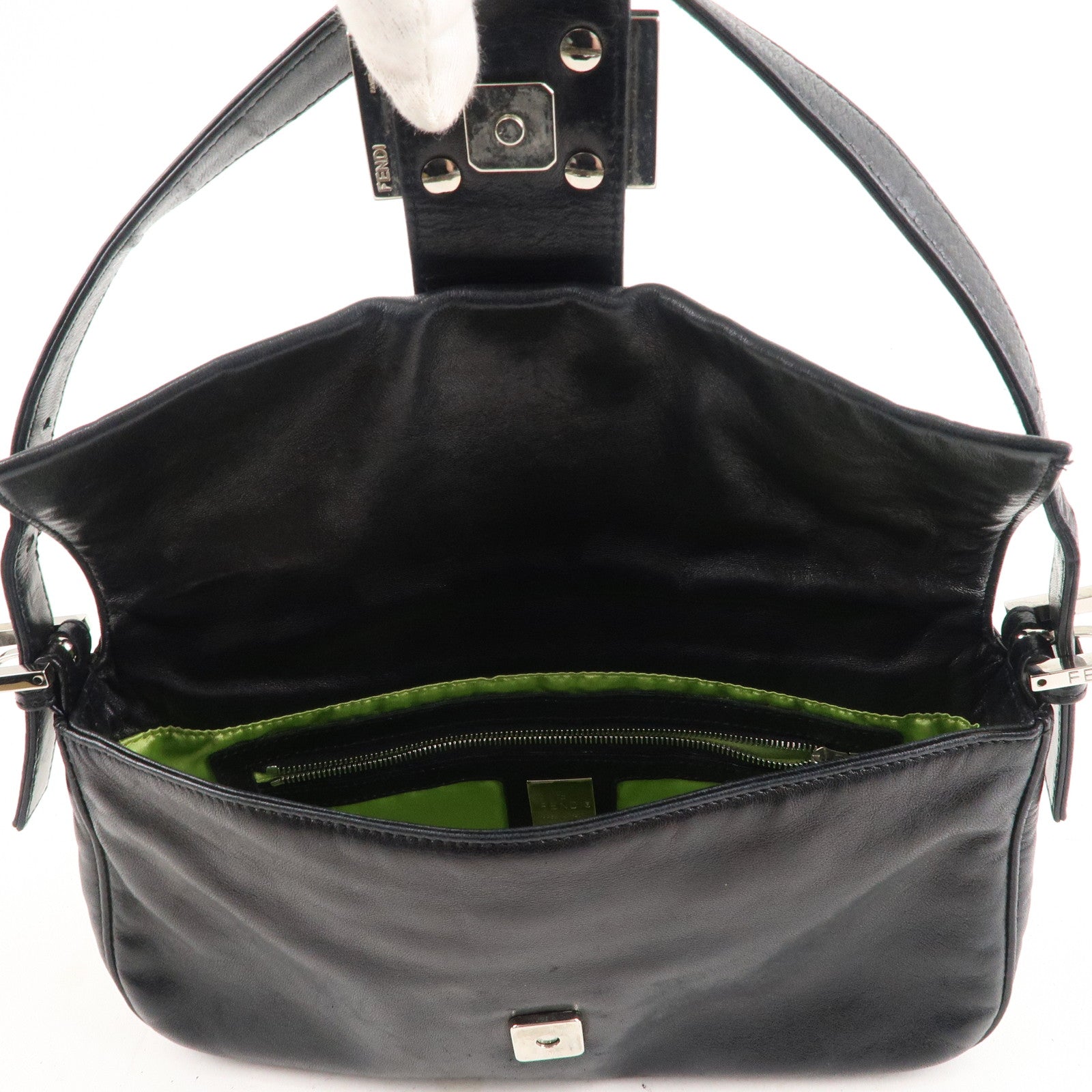 FENDI Mamma Baguette Leather Hand Bag Shoulder Bag Black Green