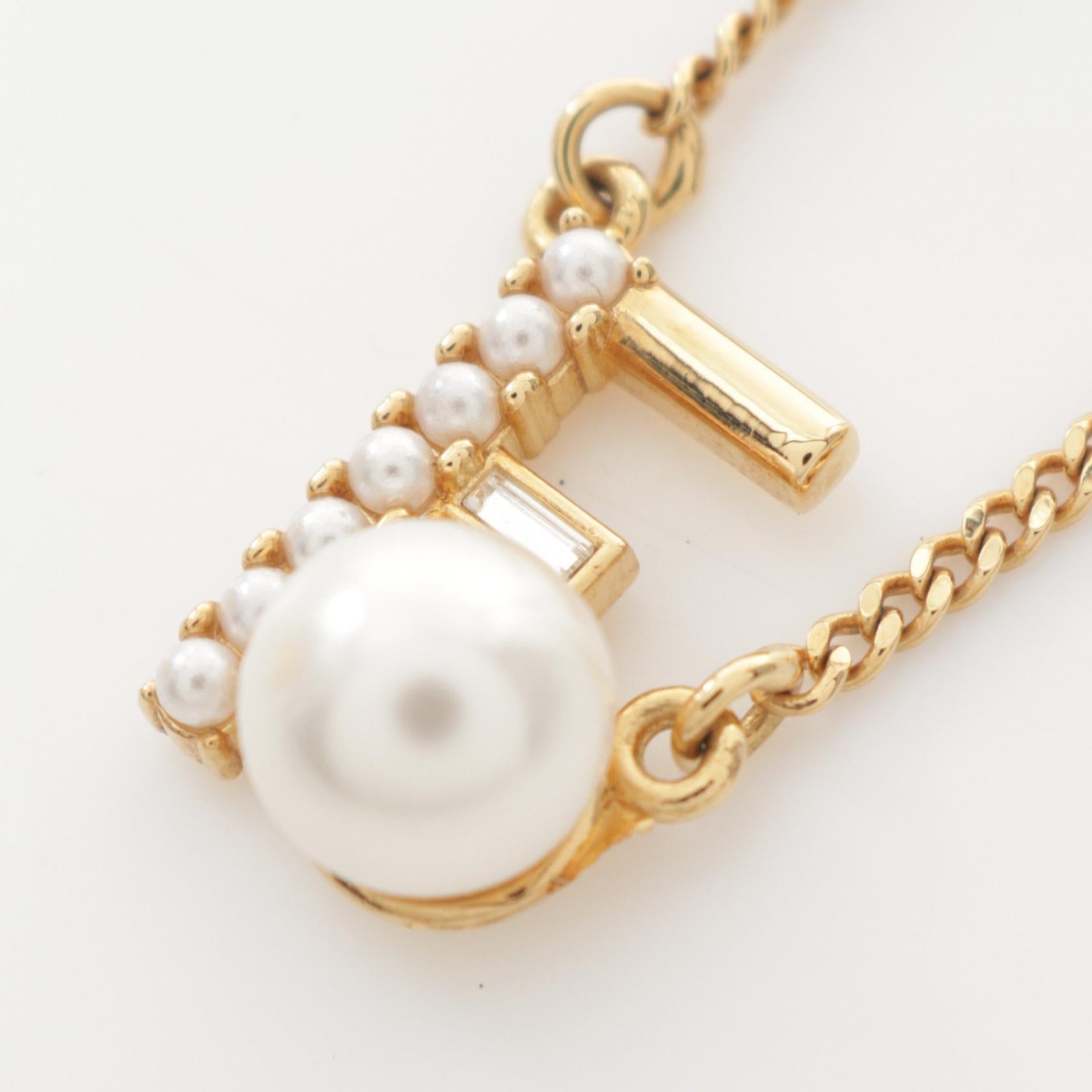 Fendi F Logo Necklace Gold Plated Faux Pearl