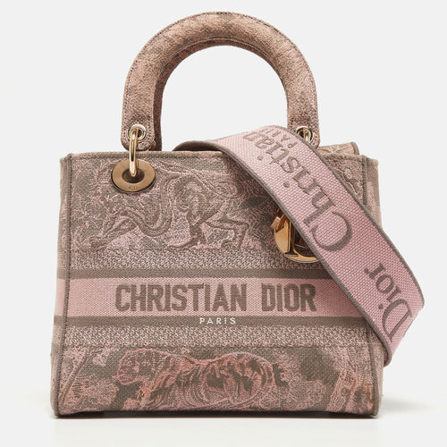 Dior Pink/Grey Embroidered Canvas Medium Lady D-Lite Tote