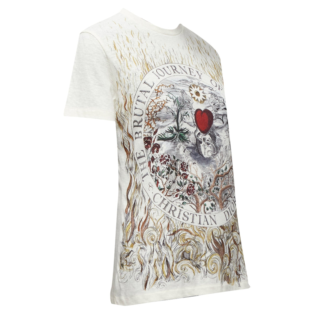 Dior Brutal Journey Of The Heart Graphic Print Ecru Cotton Linen Tshirt