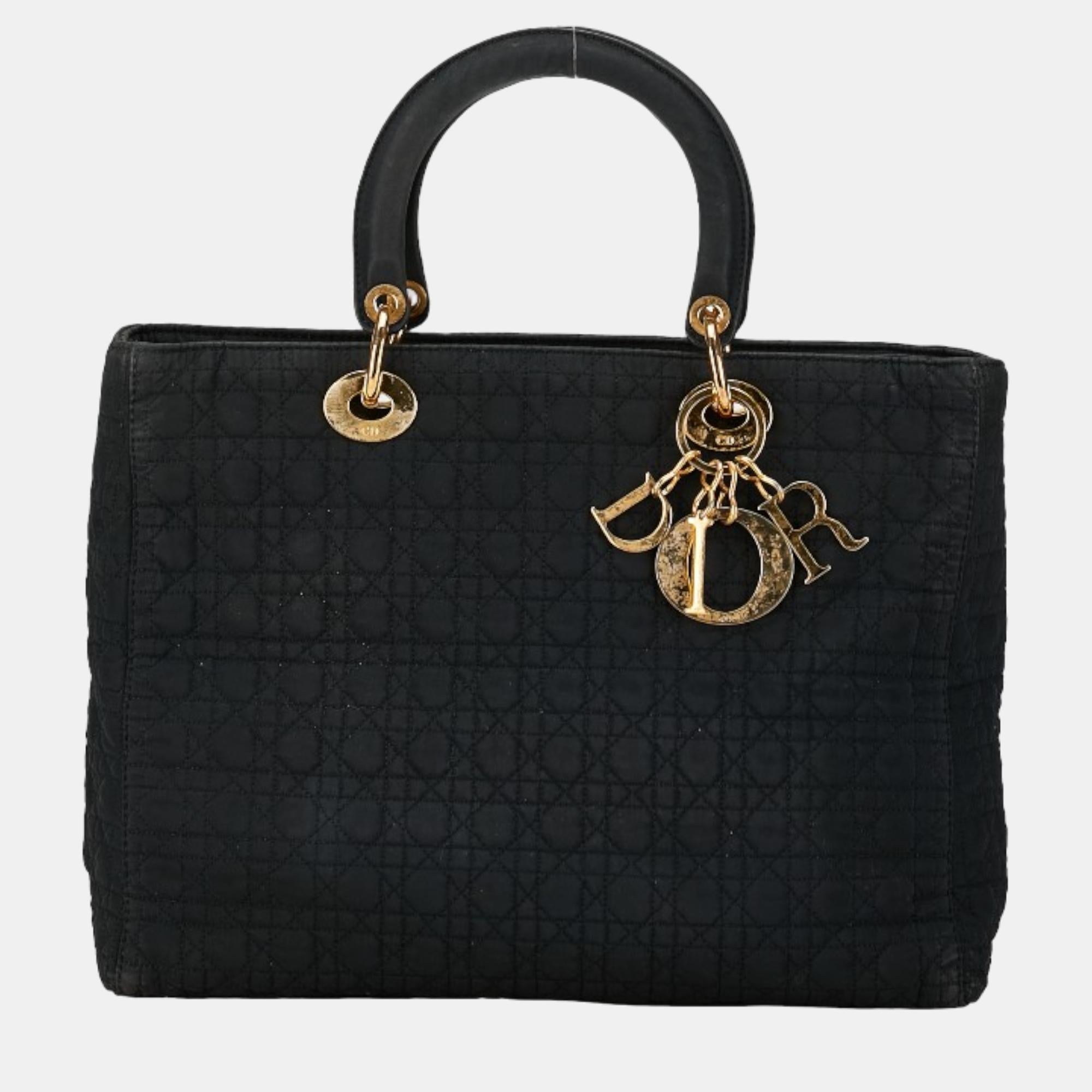 Dior Black Fabric Micro Cannage Large Lady Top Handle Bag