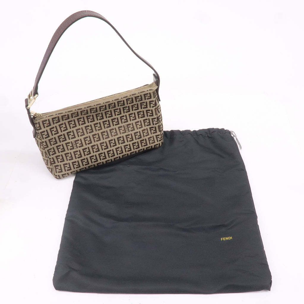 FENDI Zucchino Canvas Leather Shoulder Bag Beige Brown 8BR444