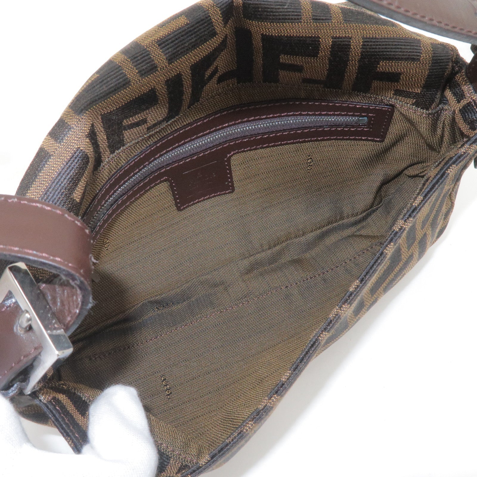 FENDI Zucca Mamma Baguette Canvas Leather Bag Brown Black 26424