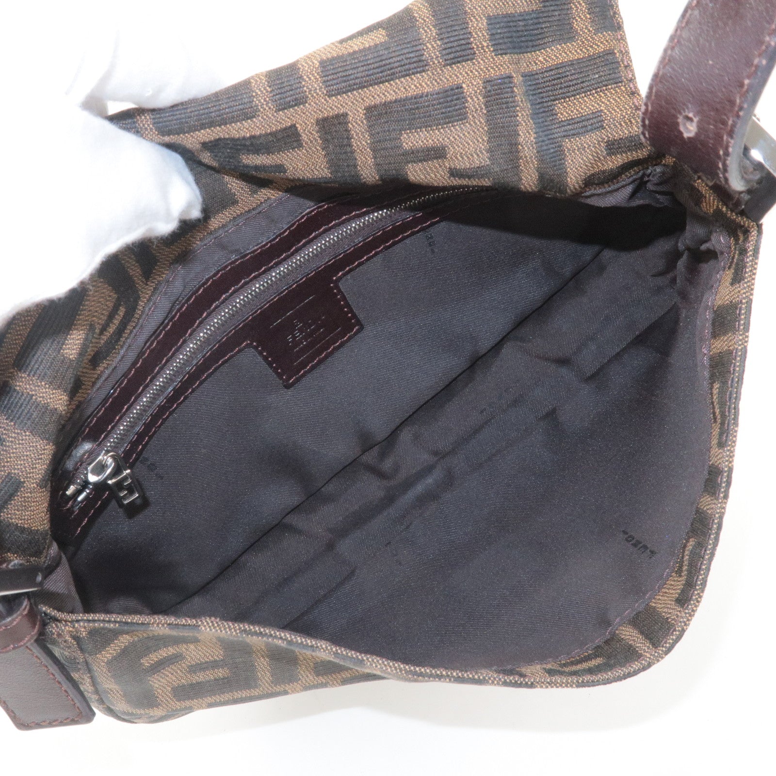 FENDI Zucca Mamma Baguette Canvas Leather Bag Brown Black 26424