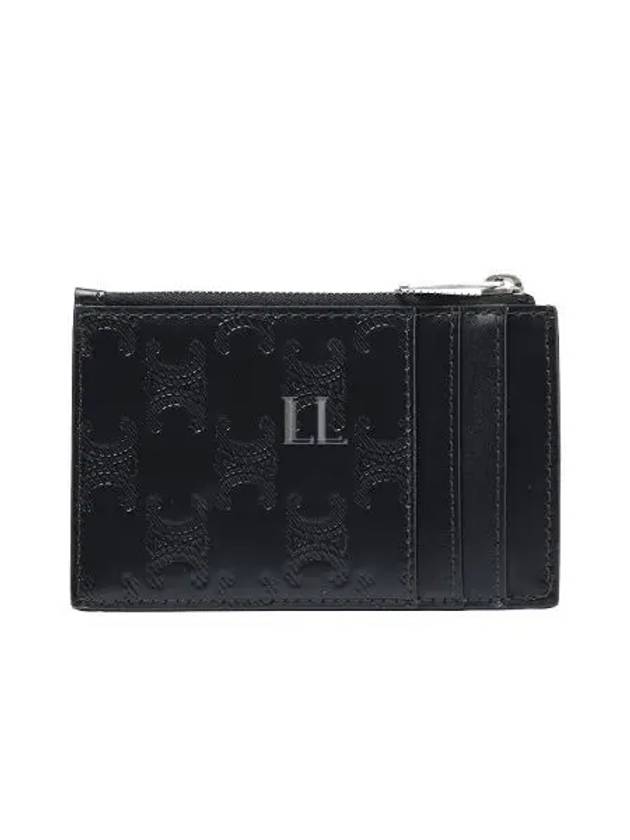 CELINE Zipper Calfskin Triomphe Embossed Card Wallet Black