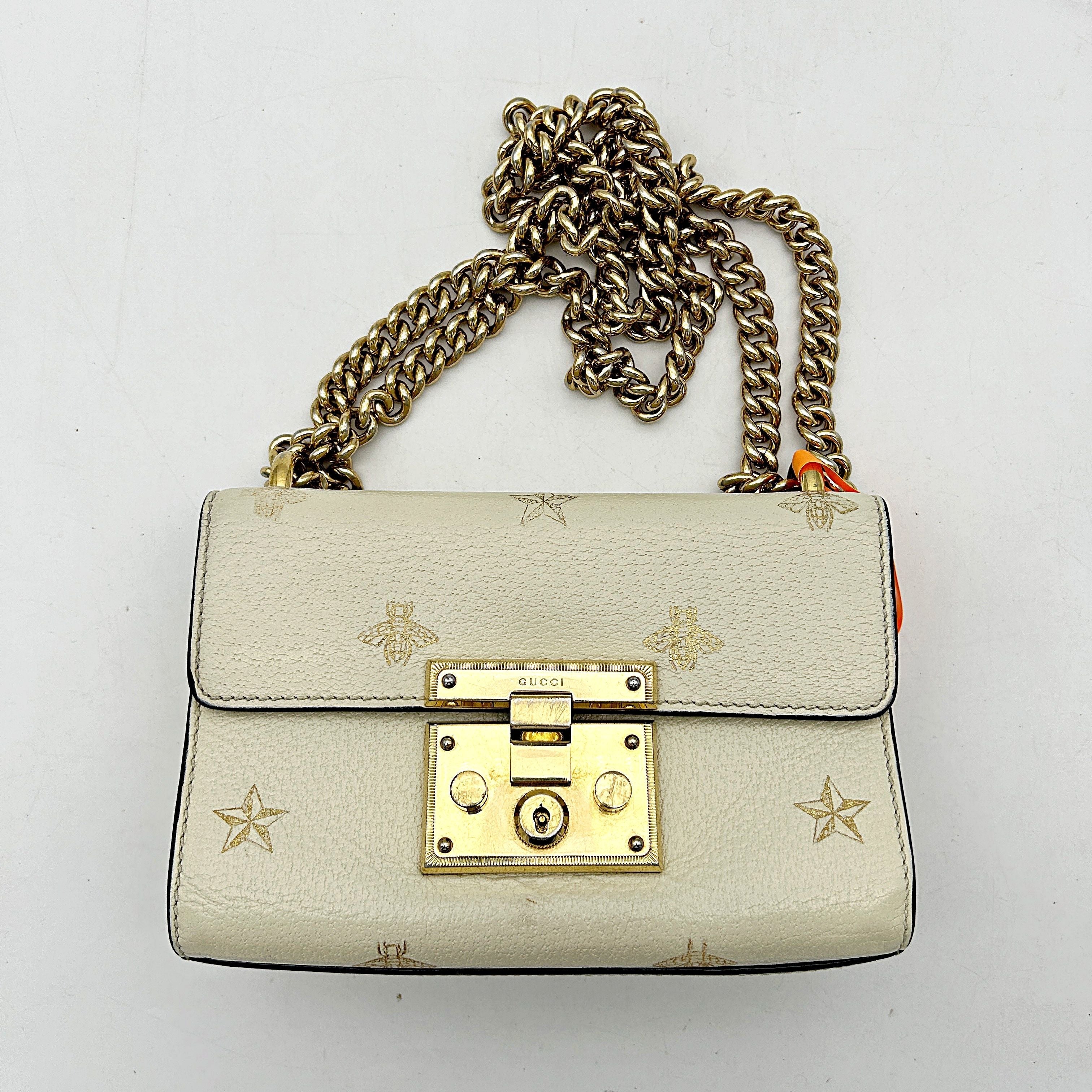 GUCCI Grained Calfskin Bee Star Small Padlock Shoulder Bag White  2505092204
