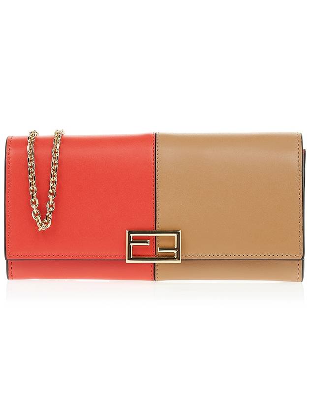 Fendi FF Continental Chain Leather Long Wallet Brown Red