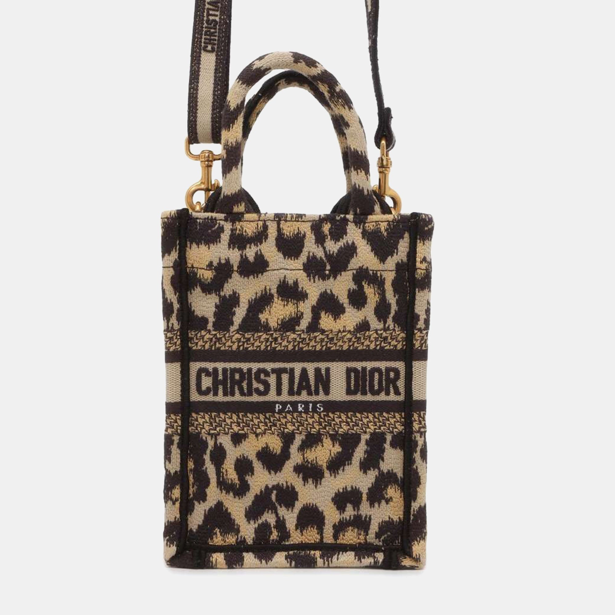 Dior Christian Beige Embroidery Canvas Mini Book Tote Phone Bag
