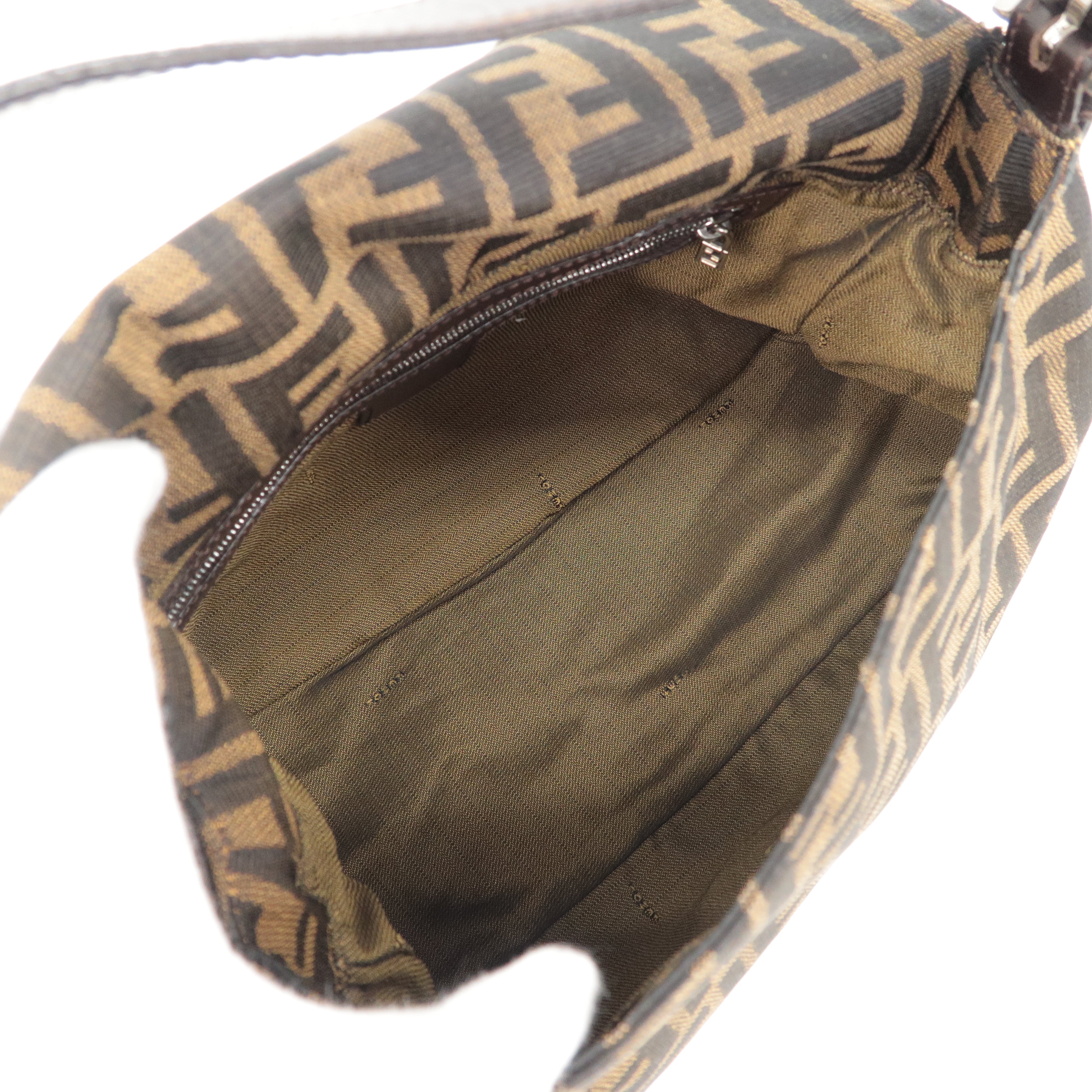 FENDI Mamma Baguette Zucca Canvas Leather Shoulder Bag Brown