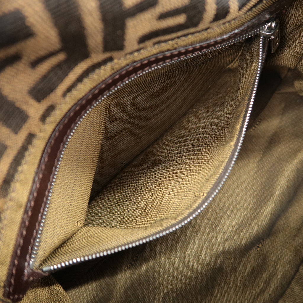 FENDI Mamma Baguette Zucca Canvas Leather Shoulder Bag Brown