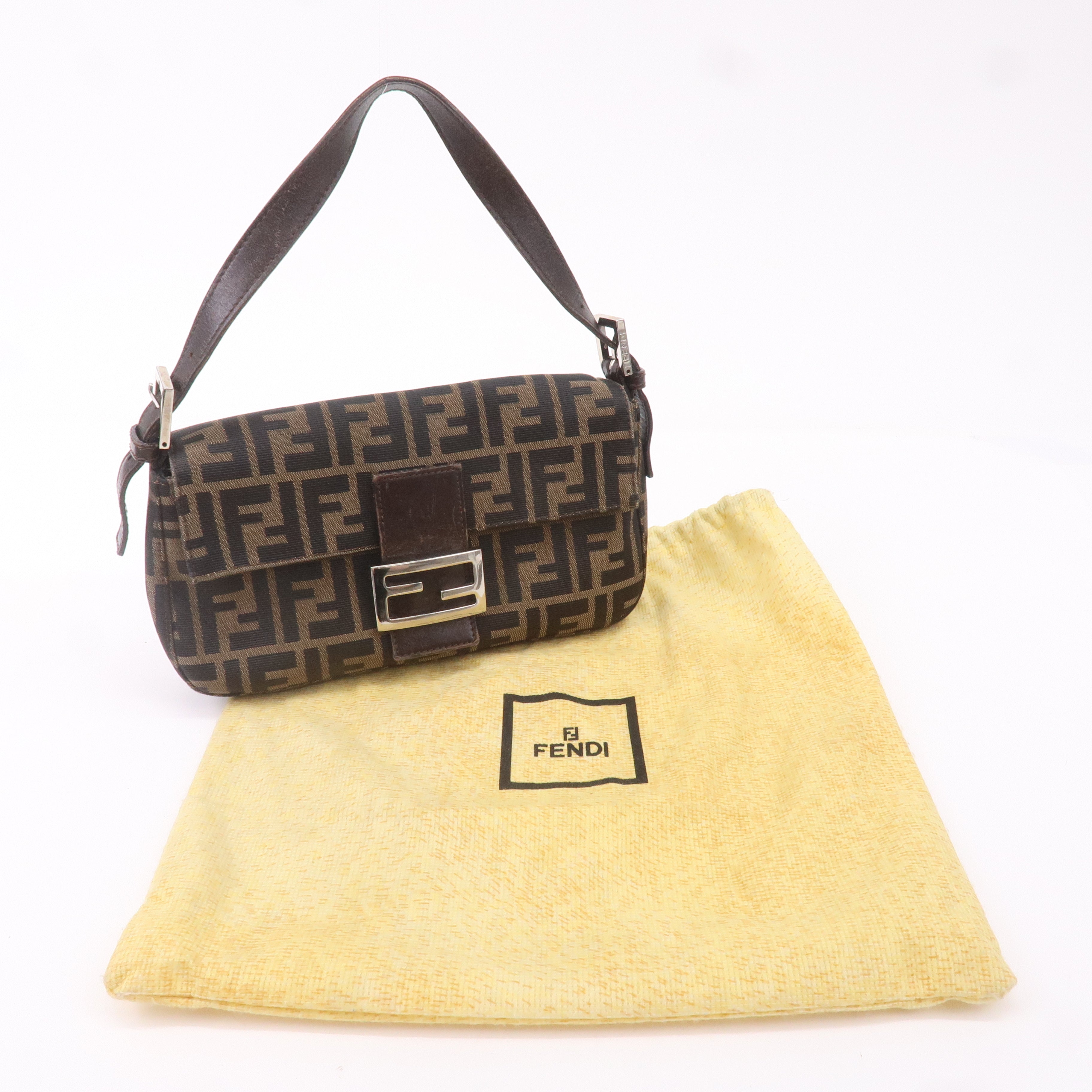 FENDI Mamma Baguette Zucca Canvas Leather Bag Brown 26424