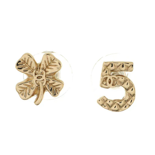 CHANEL - CC No. 5 Asymmetrical Clover Stud Earrings Metal