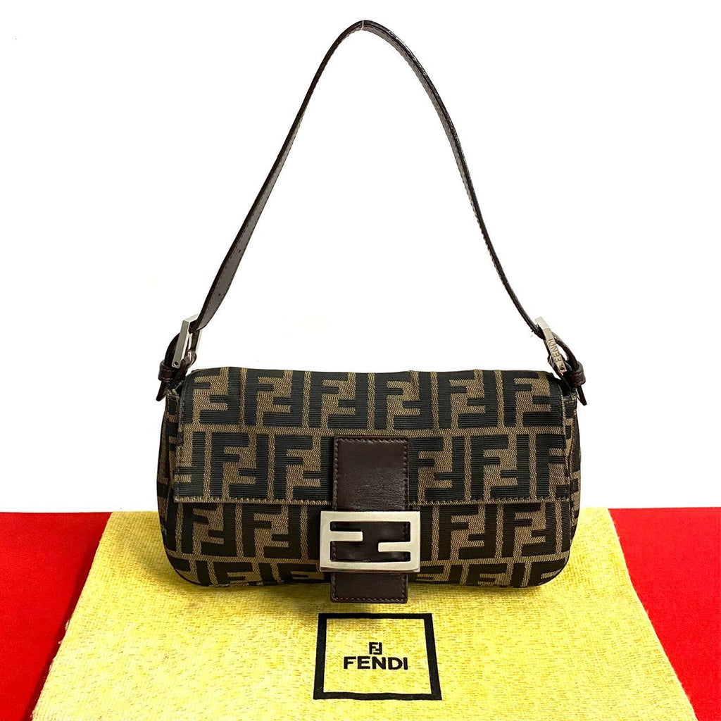 Fendi Mamma Baguette Zucca Canvas Leather Shoulder Bag