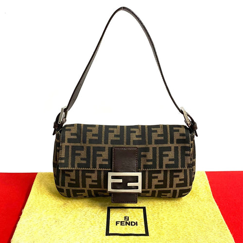 Fendi Mamma Baguette Zucca Canvas Leather Shoulder Bag