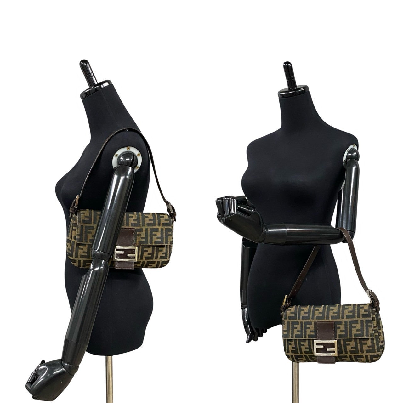 Fendi Mamma Baguette Zucca Canvas Leather Shoulder Bag