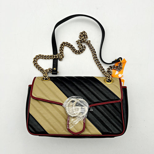 GUCCI Effect Calfskin Matelasse Diagonal Striped Small Torchon GG Marmont Shoulder Bag Black Beige 2505092221