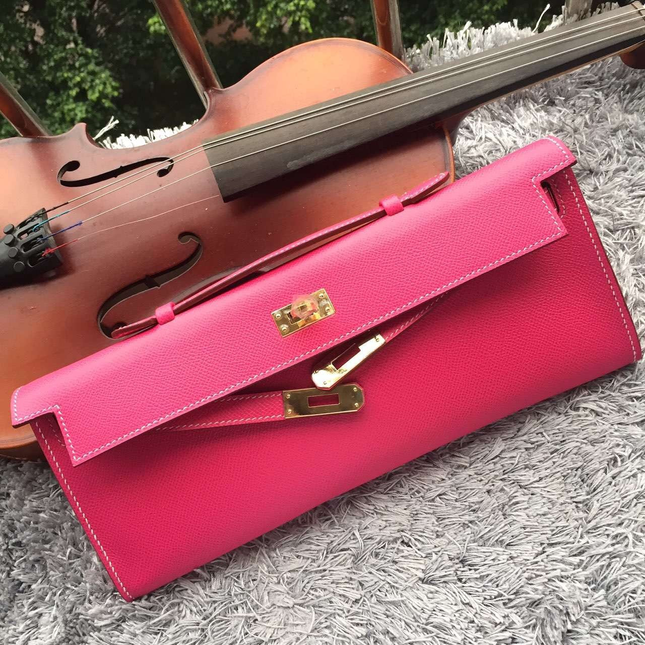 Hermes Rose Red Handcrafted Kelly Cut Clutch