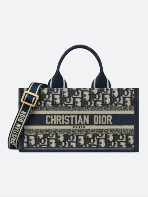 East West Oblique Embroidery Strap Book Tote Bag Blue Dior