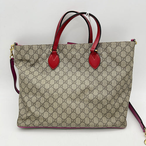 GUCCI Soft GG Supreme Monogram Medium Crossbody Tote Beige Hibiscus Red New Rosette LA19445