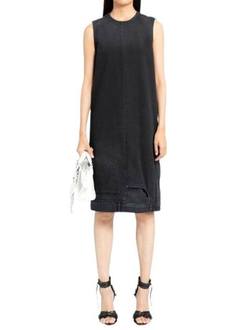 Balenciaga Upside Down Denim Round Neck Sleeveless Midi Dress Black