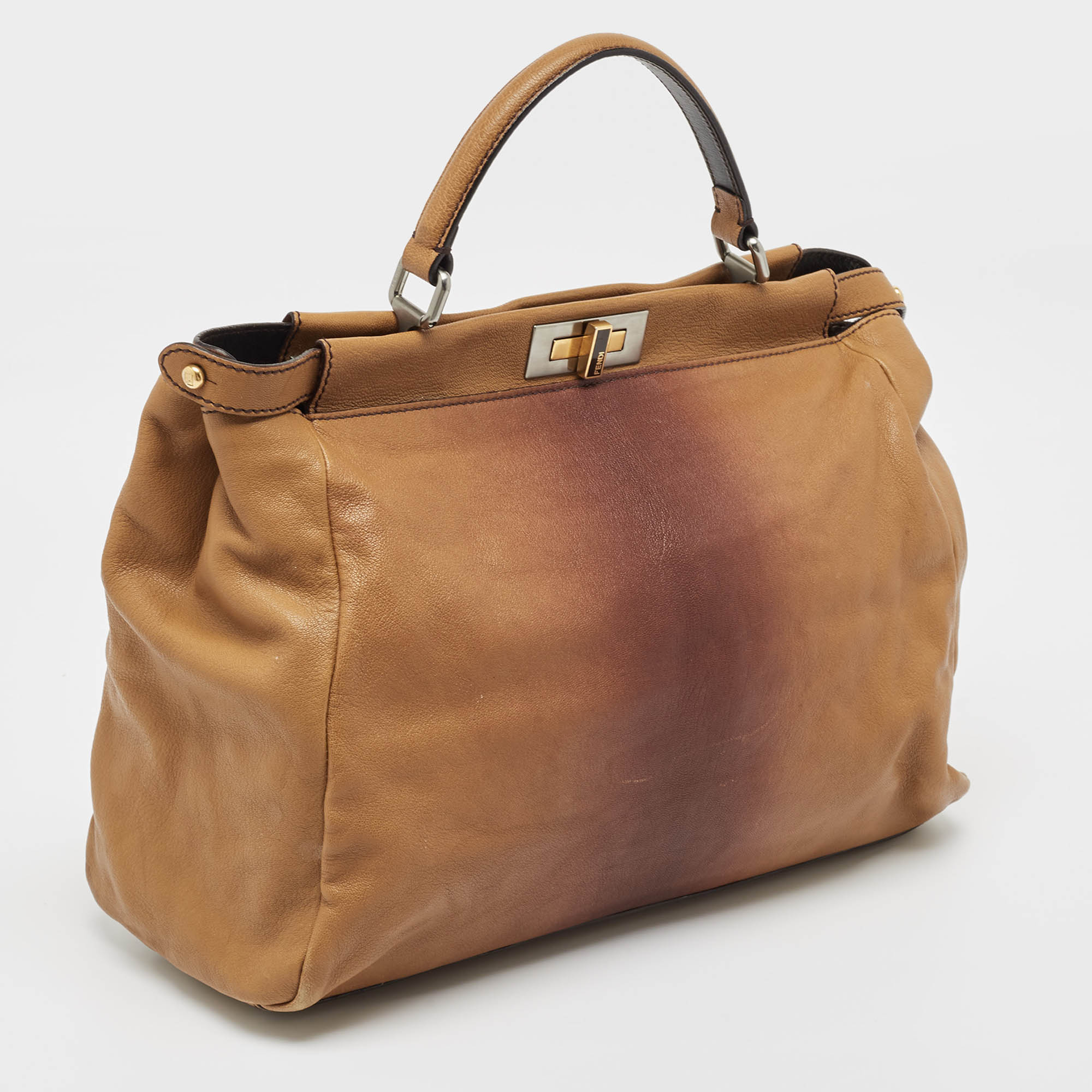 Fendi Brown Ombre Leather And Calf Hair Lining Large Peekaboo Top Handle Bag..