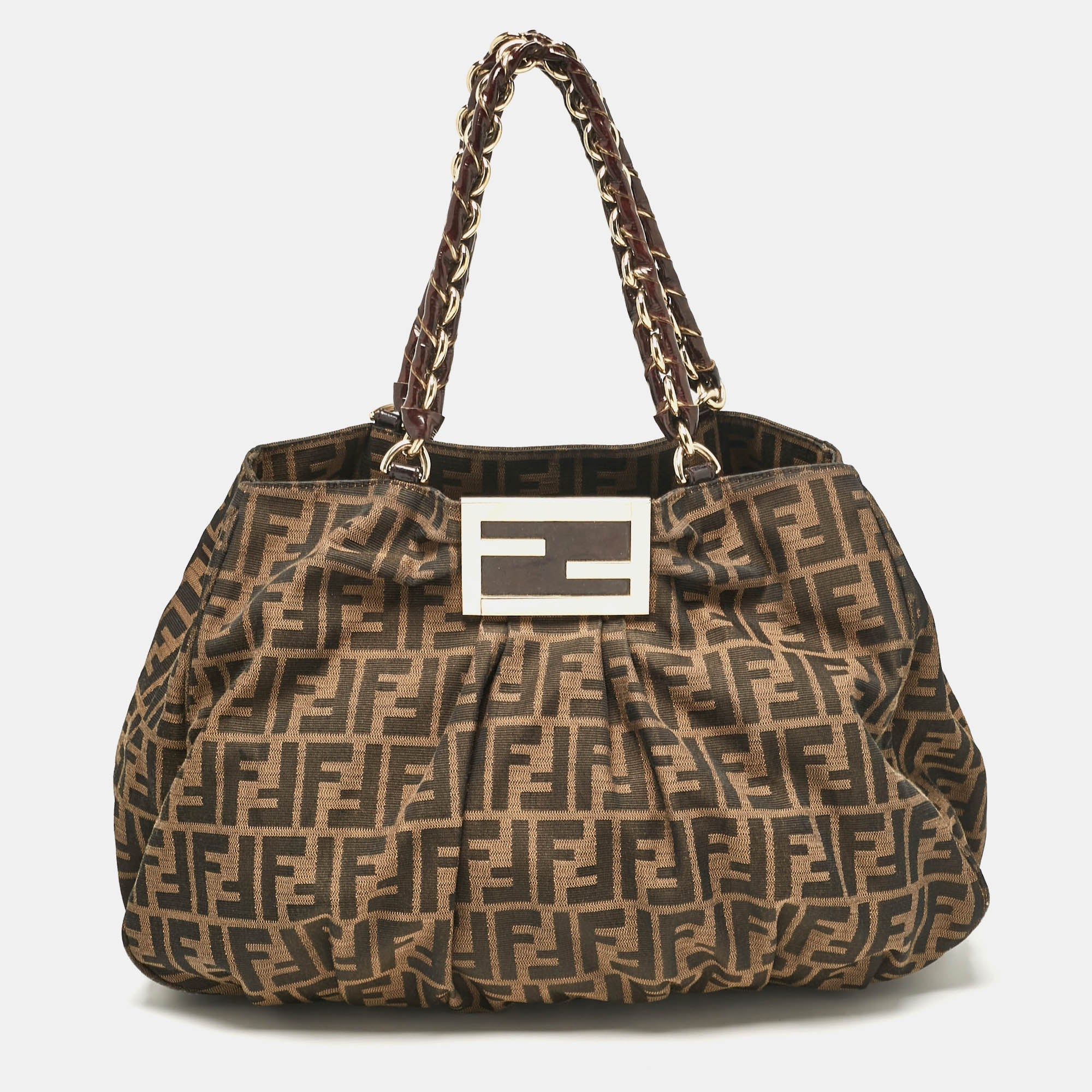 Fendi Zucca Canvas And Patent Leather Large Mia Shoulder Bag