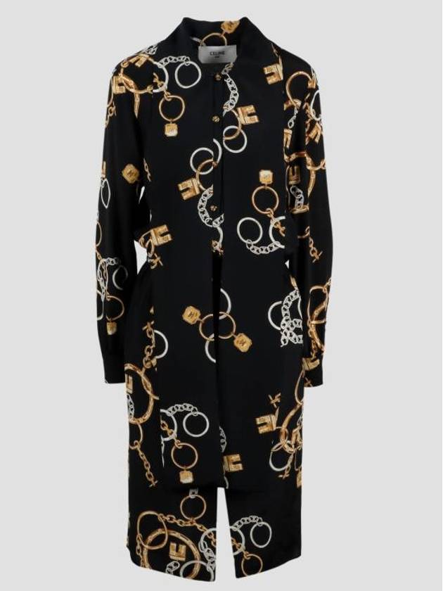 CELINE Chain Printed Silk Long Dress Black