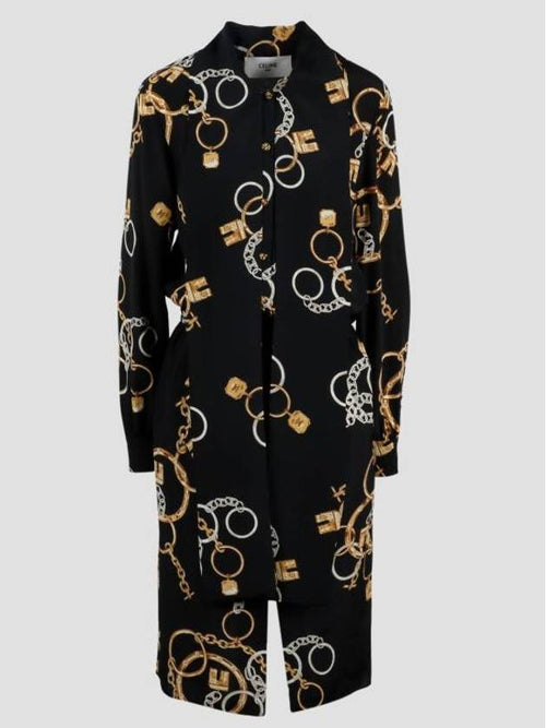 CELINE Chain Printed Silk Long Dress Black