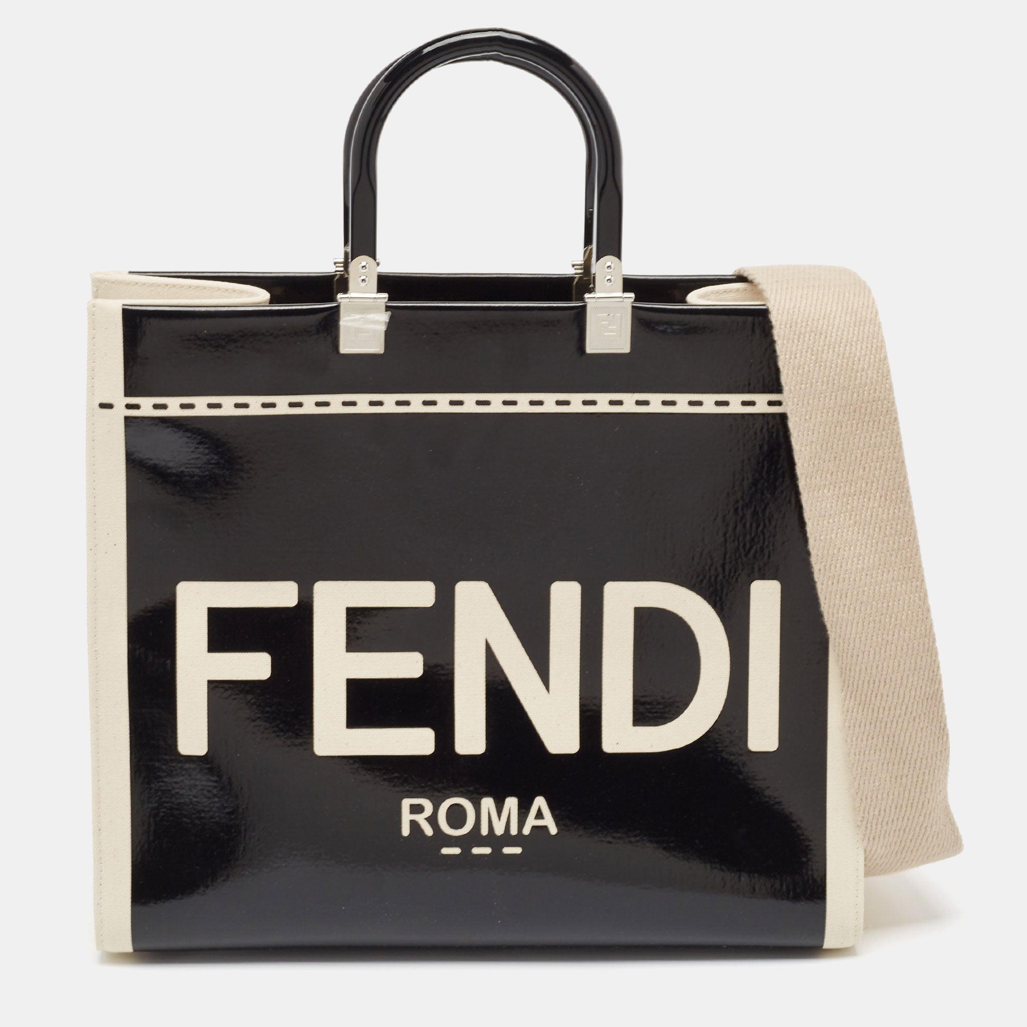 Fendi Black/off White Canvas And Patent Leather Medium Sunshine Shopper Tote