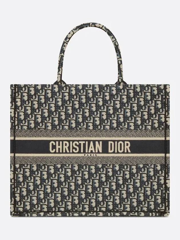 Oblique Embroidery Large Book Tote Bag Blue Dior