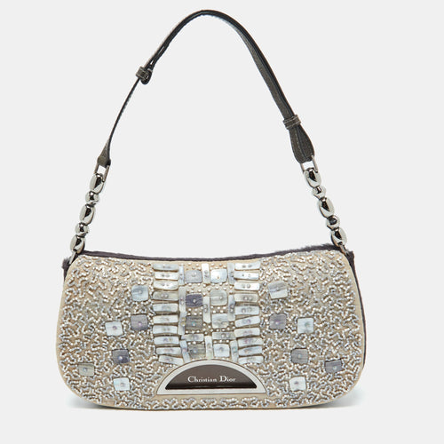 Dior Beige/Purple Calfhair and Bead Embellished Limited Edition 498/880 Malice Shoulder Bag