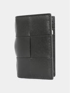 Bottega Veneta Intrecciato Cassette Leather Flap Card Wallet Black