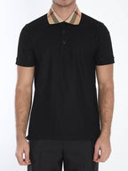 Burberry Check Collar Cotton Polo Shirt Black