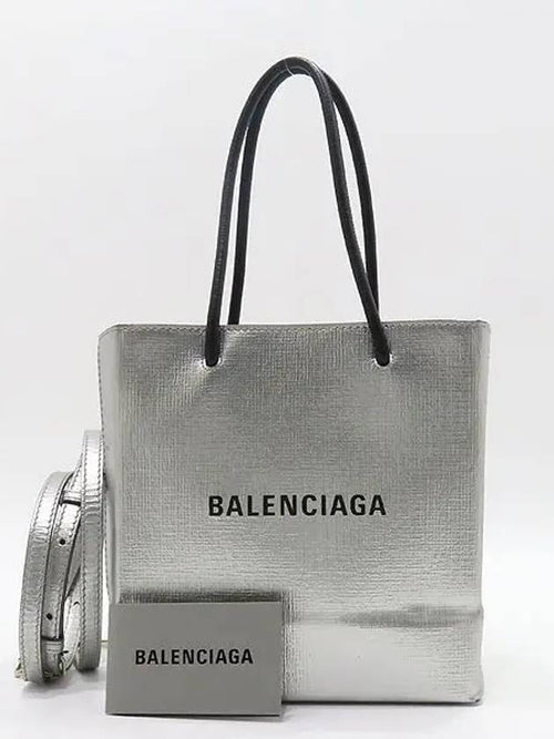 Balenciaga 597858 Silver Color Leather Square Everyday Shopping XXS North South Tote Bag Shoulder Strap 2WAY