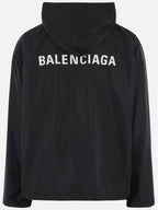 Balenciaga Logo Print Hooded Windbreaker Black