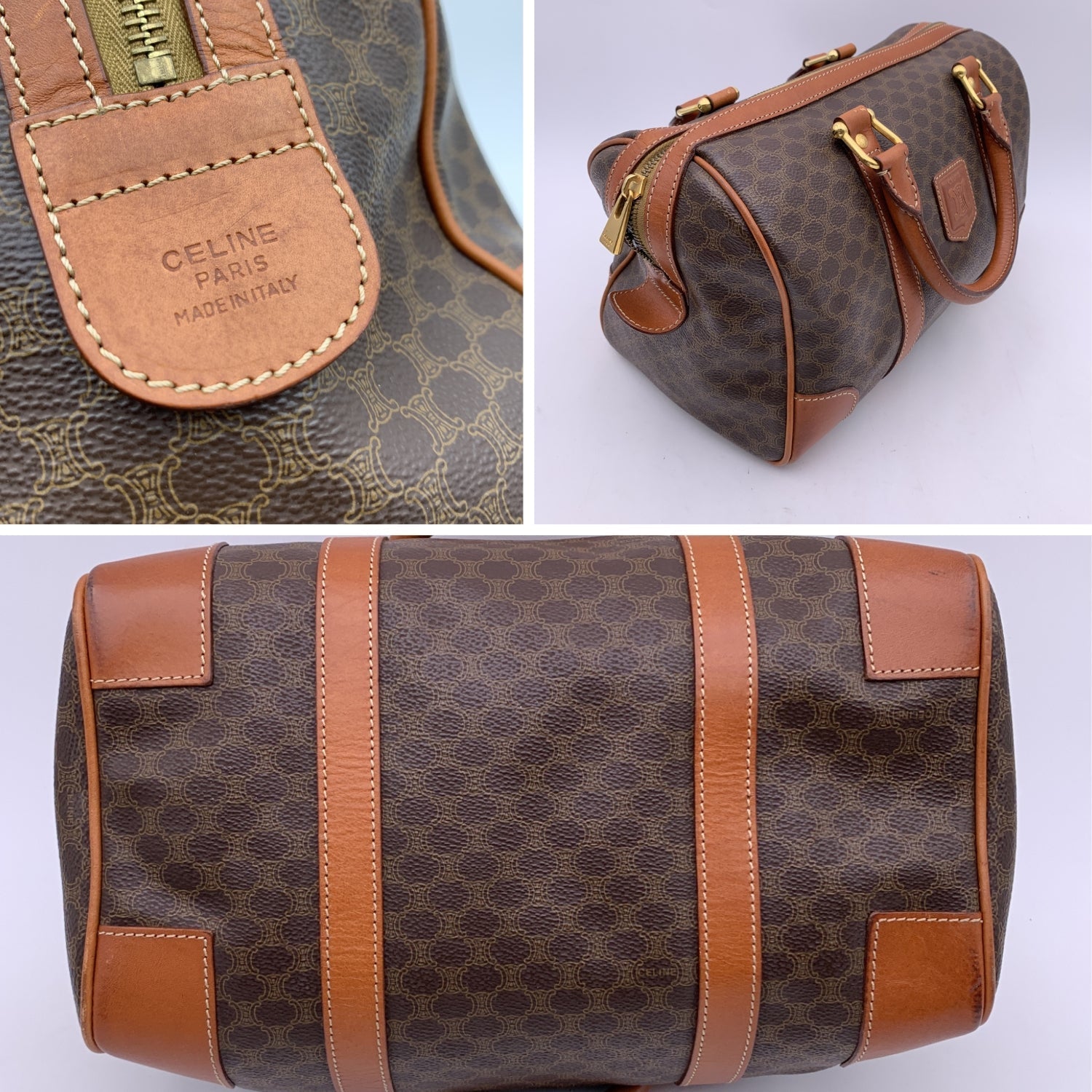 CELINE Vintage Brown Macadam Canvas Boston Bag Duffel Duffle
