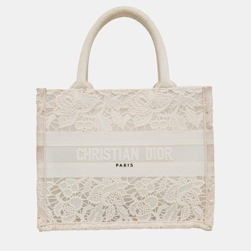 Dior White Small D-Lace Embroidery Book Tote