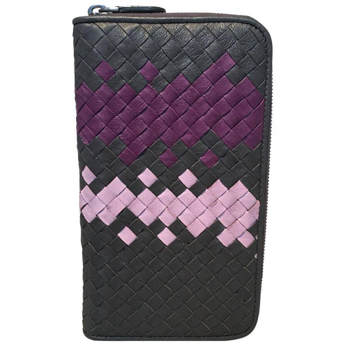 BOTTEGA VENETA Woven Grey and Purple Leather Zip Wallet