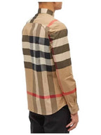 Burberry Check Stretch Cotton Poplin Long Sleeve Shirt Beige