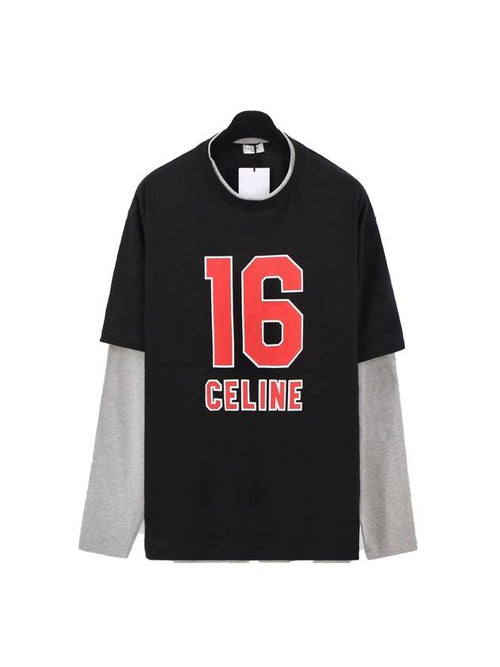 CELINE 16 Cracked Effect Print Layered Long Sleeve T-Shirt Black