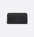 Saddle Zipped Long Wallet Black Grained Calfskin Marquetry And Black Dior Oblique Jacquard