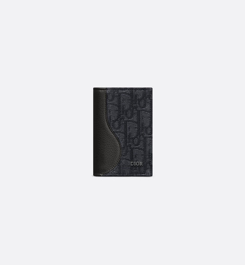 Saddle Vertical Bifold Card Holder Black Grained Calfskin Marquetry And Black Dior Oblique Jacquard